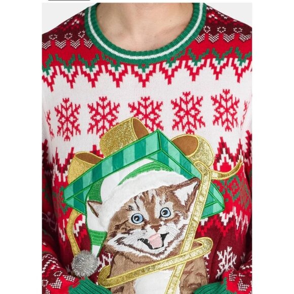 Holiday Time Mens XL Long Sleeve Christmas Sweater Drink Pocket & Fun Cat Design - Picture 2 of 7